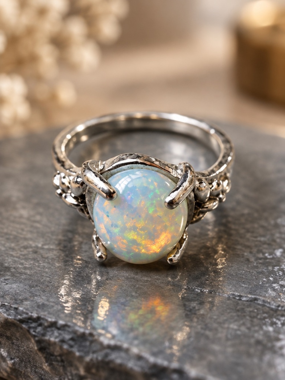 Opal Accent Silver-Tone Ring — White Opalescent Gem